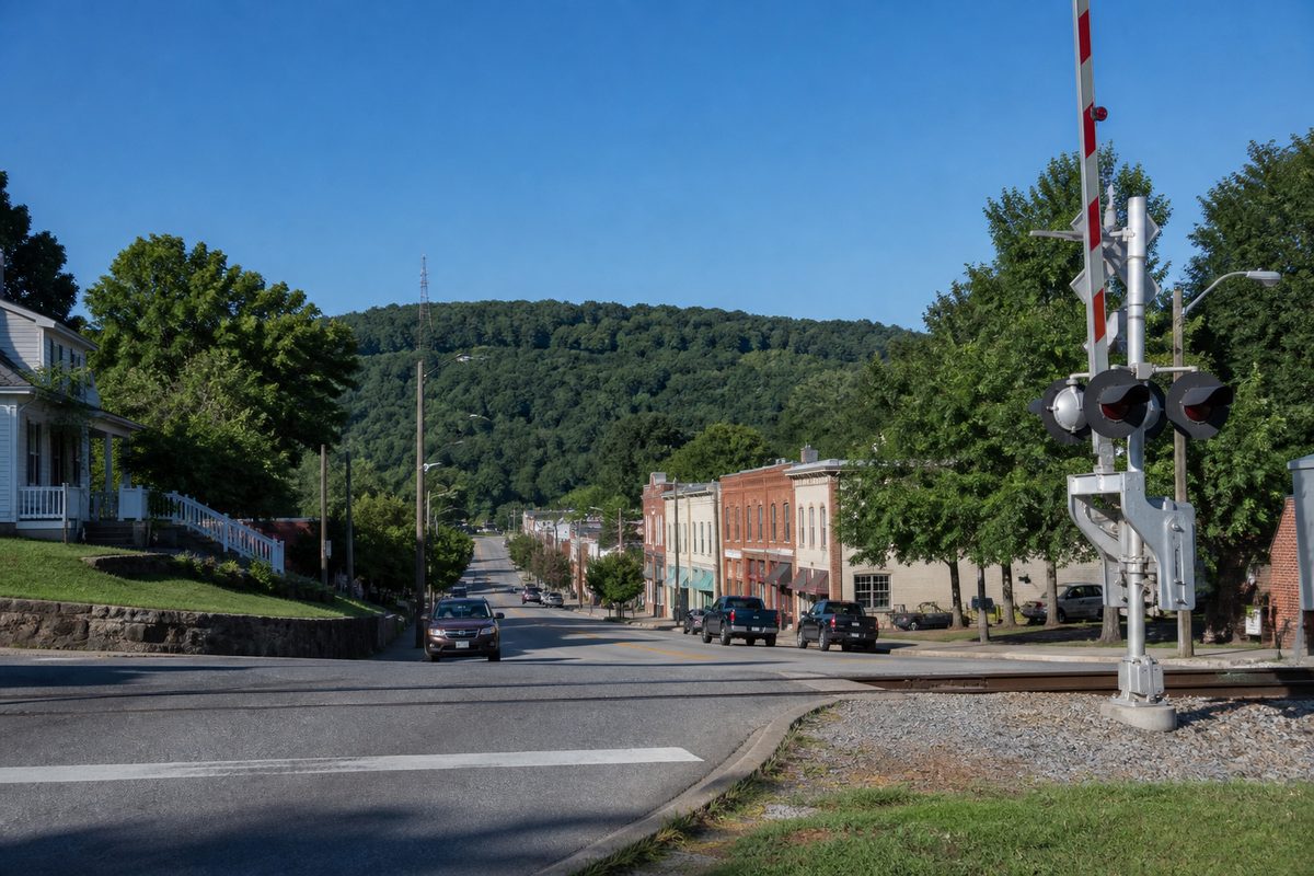 Madison, Tennessee — downtown street and railroad crossing with wooded ridge
