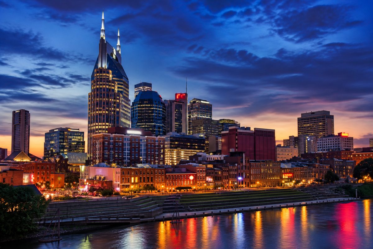 Nashville, Tennessee — downtown skyline at dusk over the Cumberland River
