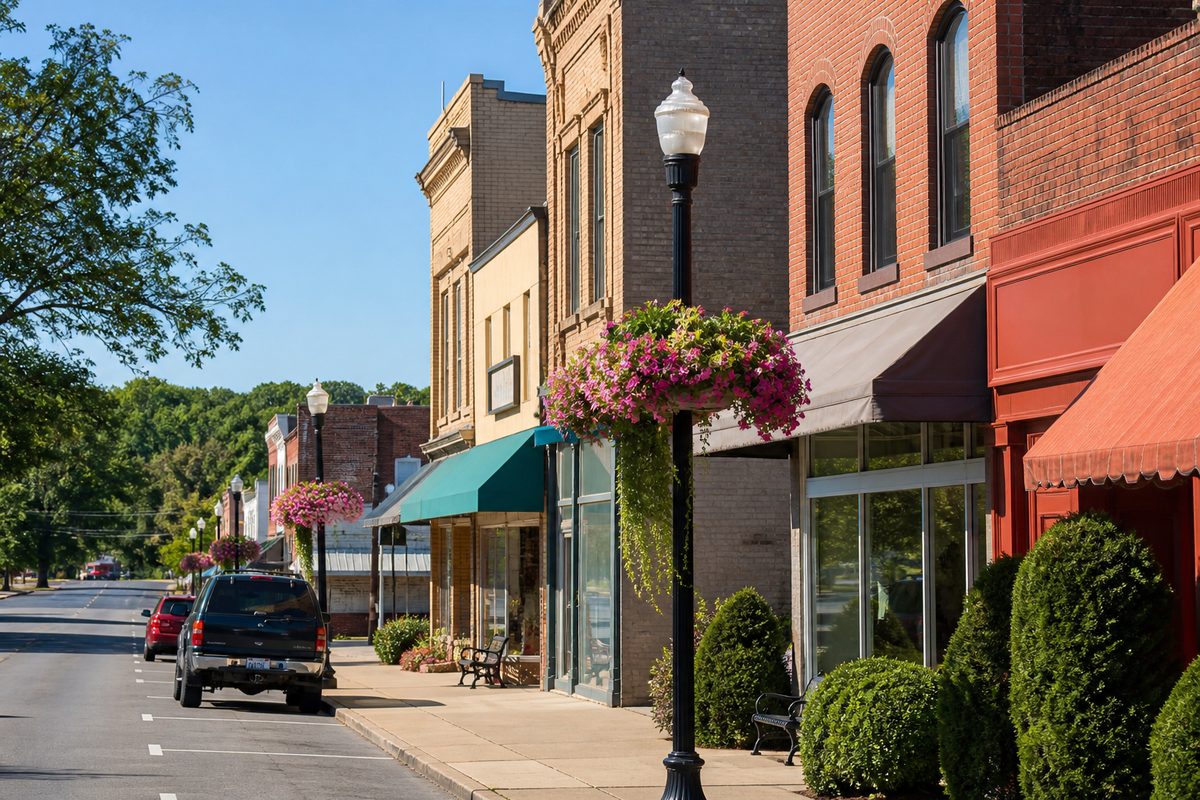 Portland, Tennessee — historic main street with brick storefronts and flower baskets